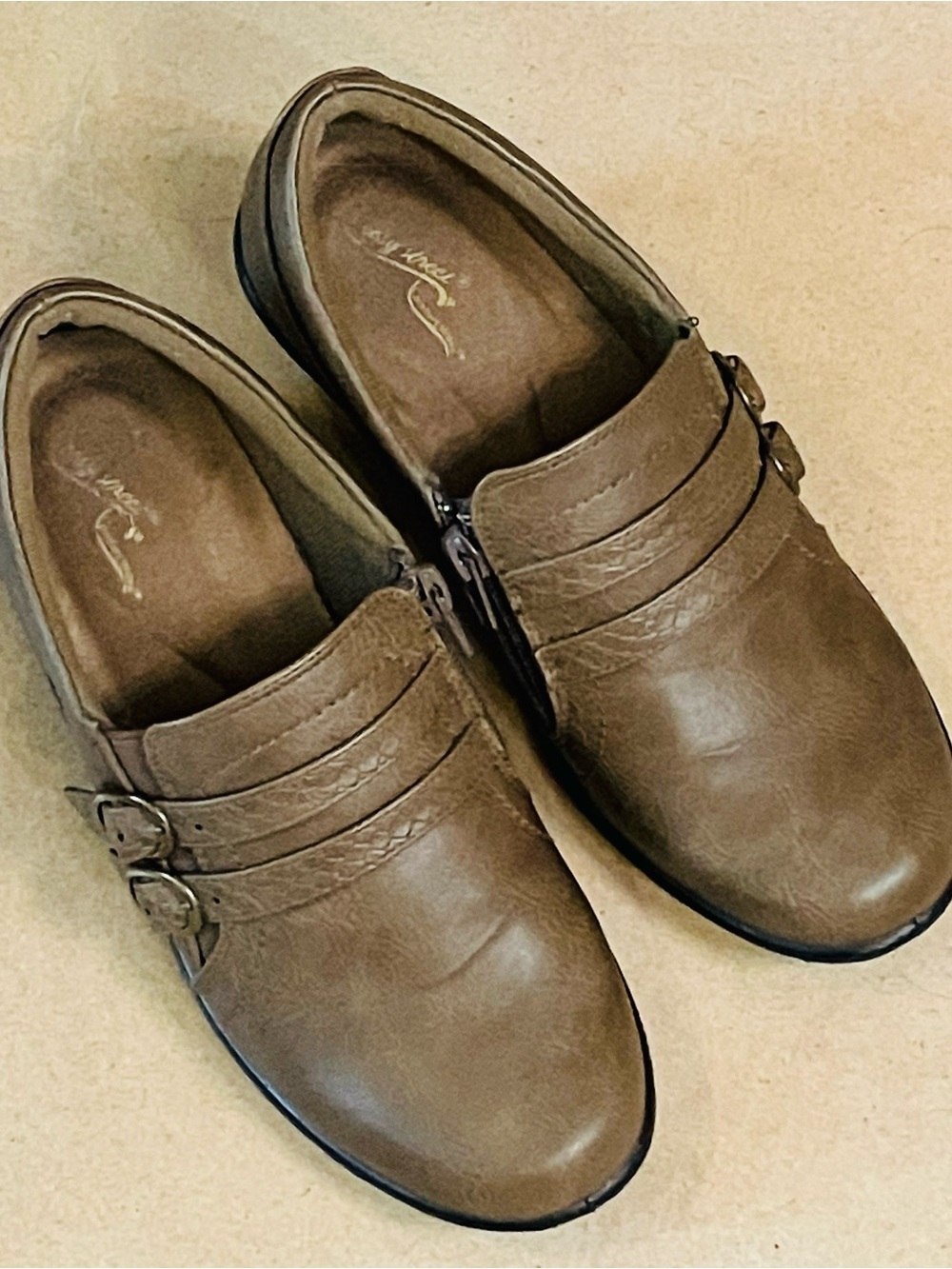 Women’s Casual Taupe Slip-On Loafers with Buckle Detail